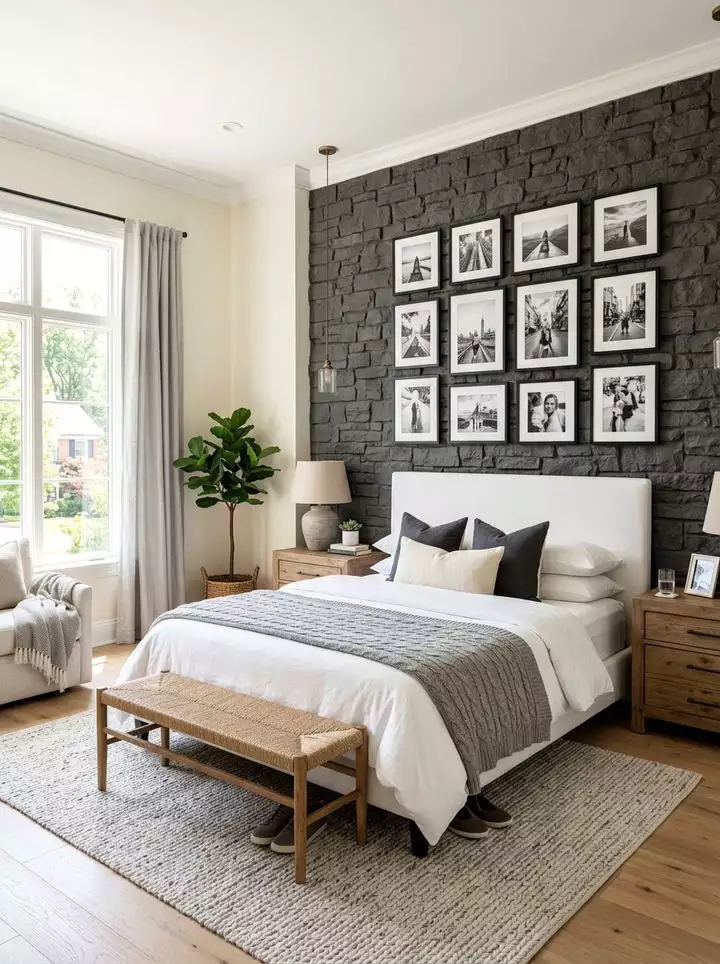 Dark grey stone accent bedroom wall with a black-and-white photo gallery display