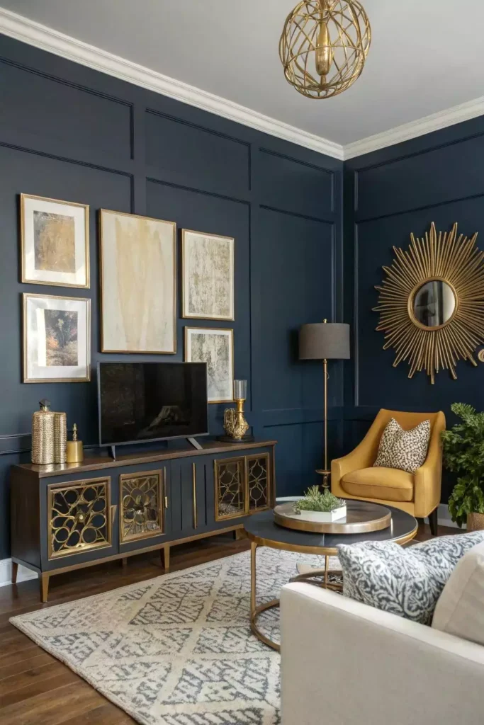 Dark navy accent wall with framed gallery art and sunburst mirror in living room
