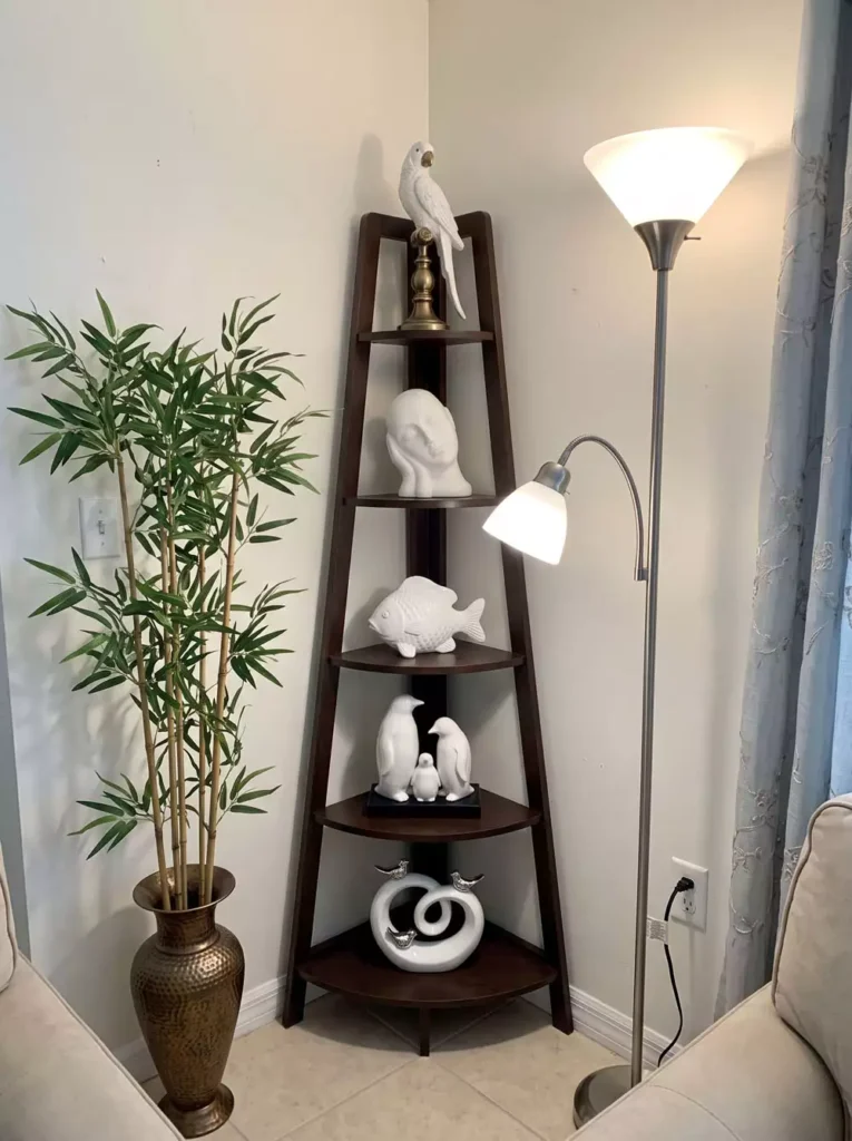 Dark wood corner wall shelf decor in a living room interior with white sculptures, a tall plant, and a floor lamp