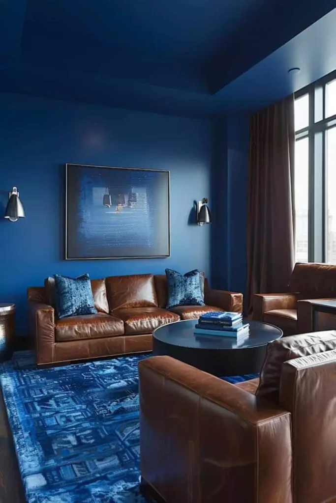 Deep Blue Living Room With Leather Sofas And A Patterned Rug