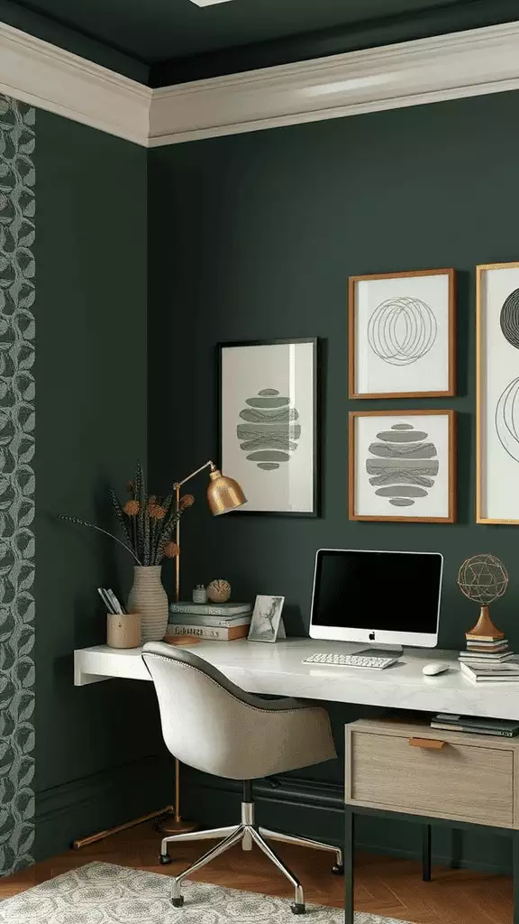 Deep green wall office paired with patterned wallpaper and a marble desk