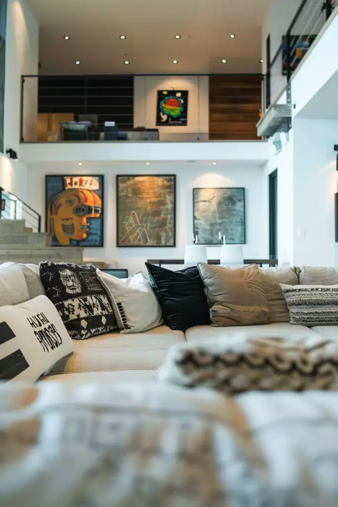 Deep sectional in front of a double-height canvas above sofa wall