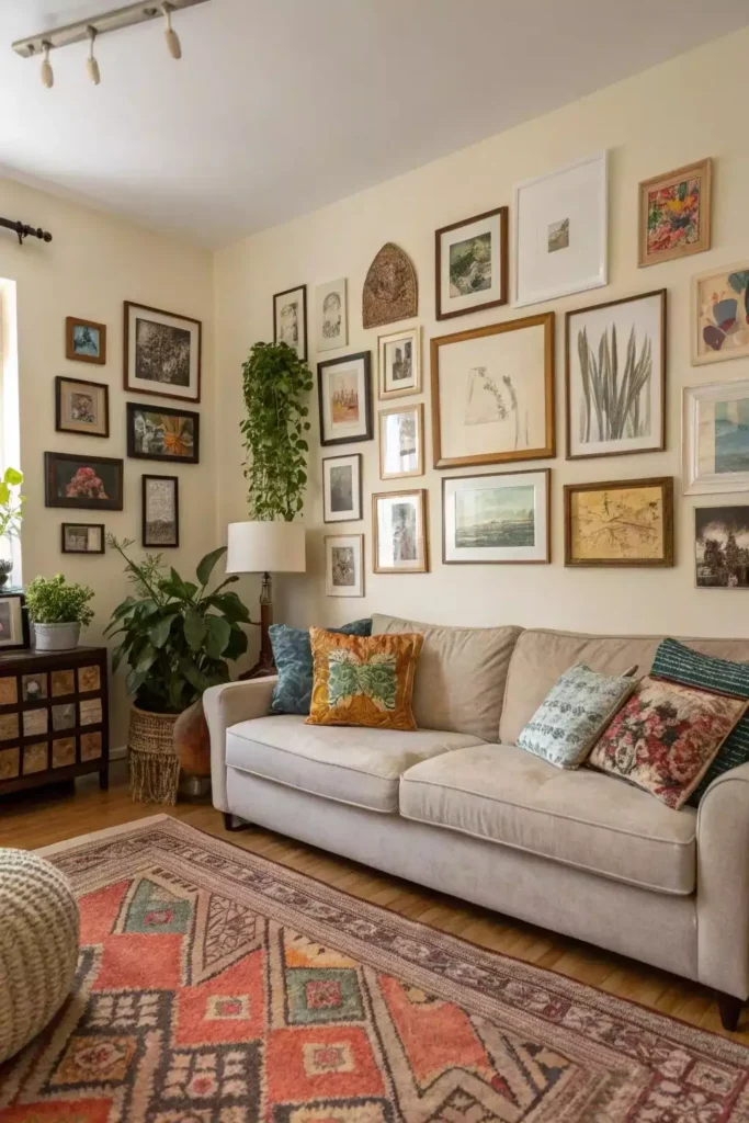 Dense eclectic gallery wall mixing vintage frames above a beige sofa