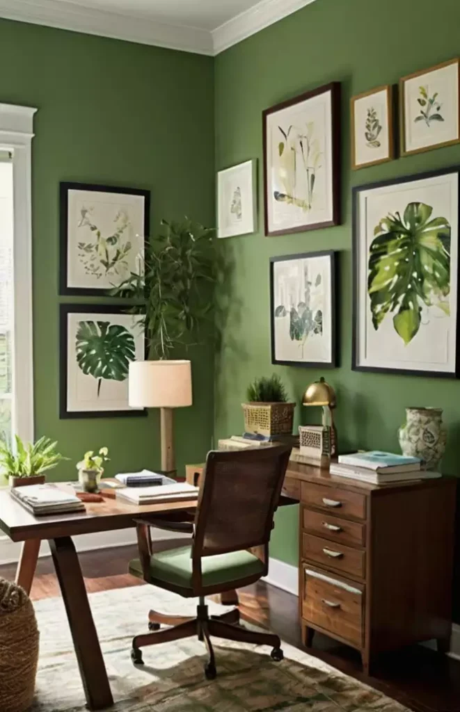 Dill green wall office with a botanical gallery wall above a wood desk