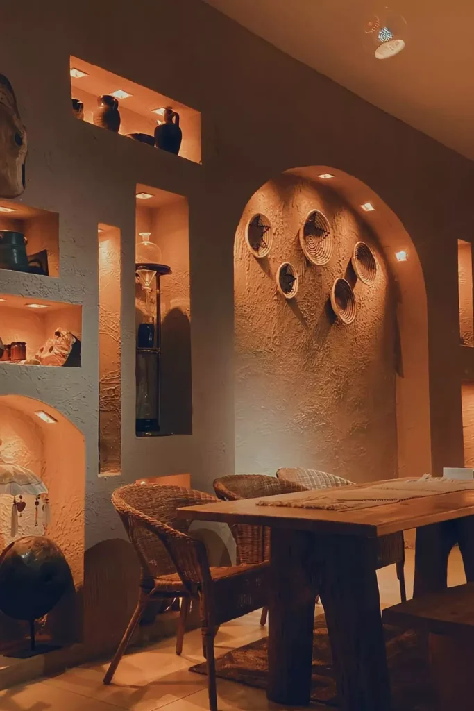 Dim Cafe Wall Arch With Hanging Woven Baskets And Pottery Shelving