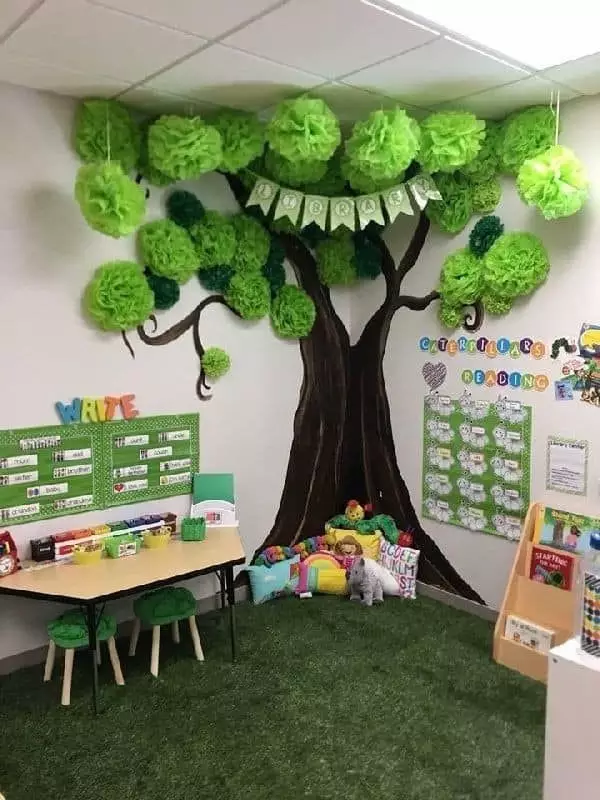 Diy Reading Corner Idea With A Green Pom Pom Tree And Literacy Banner