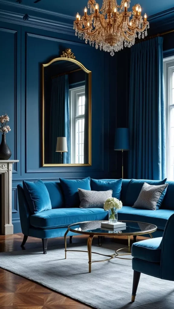 Dramatic Blue Living Room With A Crystal Chandelier And Blue Velvet Sectional
