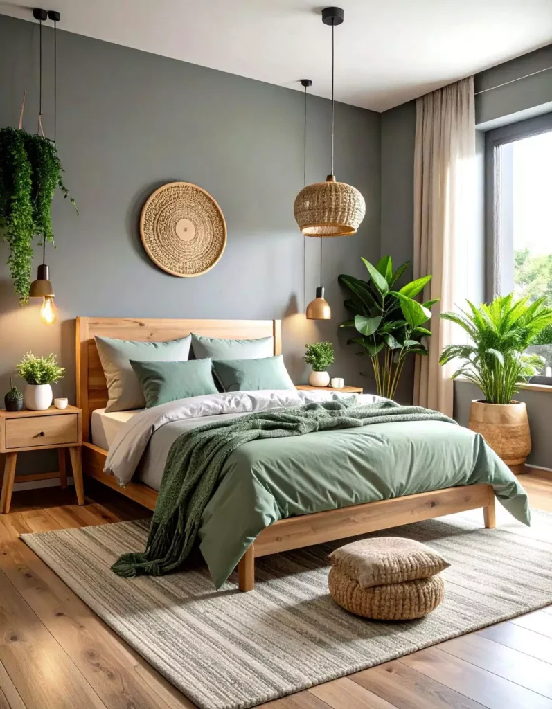 Earthy grey bedroom wall paired with a woven wall disc and sage green bedding