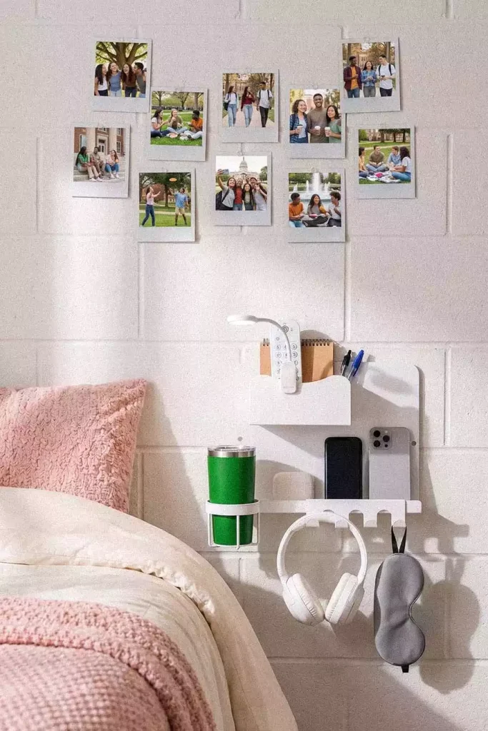 Easy Dorm Wall Decor With An Instant Photo Wall Of Friends And A Wall Mounted Organizer Above A Pink Bed