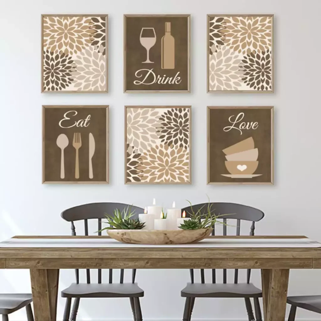 Eat Drink Love print set in six frames on a dining kitchen wall