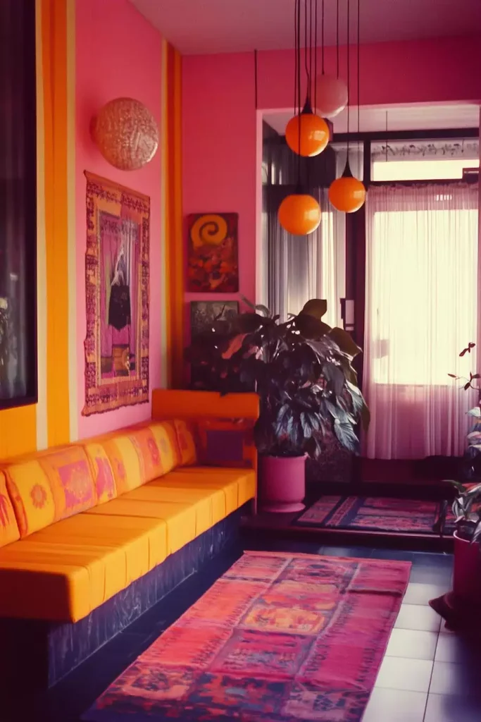 Eclectic Orange And Pink Wall Decor Lounge With Hanging Globe Lights