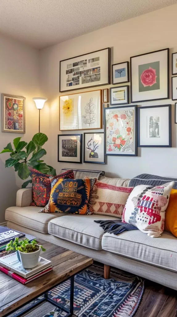 Eclectic gallery wall above gray sofa, colorful framed art decor for living room walls