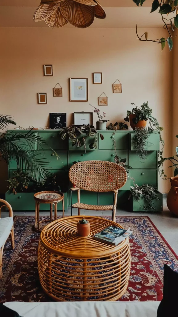 Eclectic tan wall living room with a sage green vintage dresser, rattan furniture, and a patterned rug