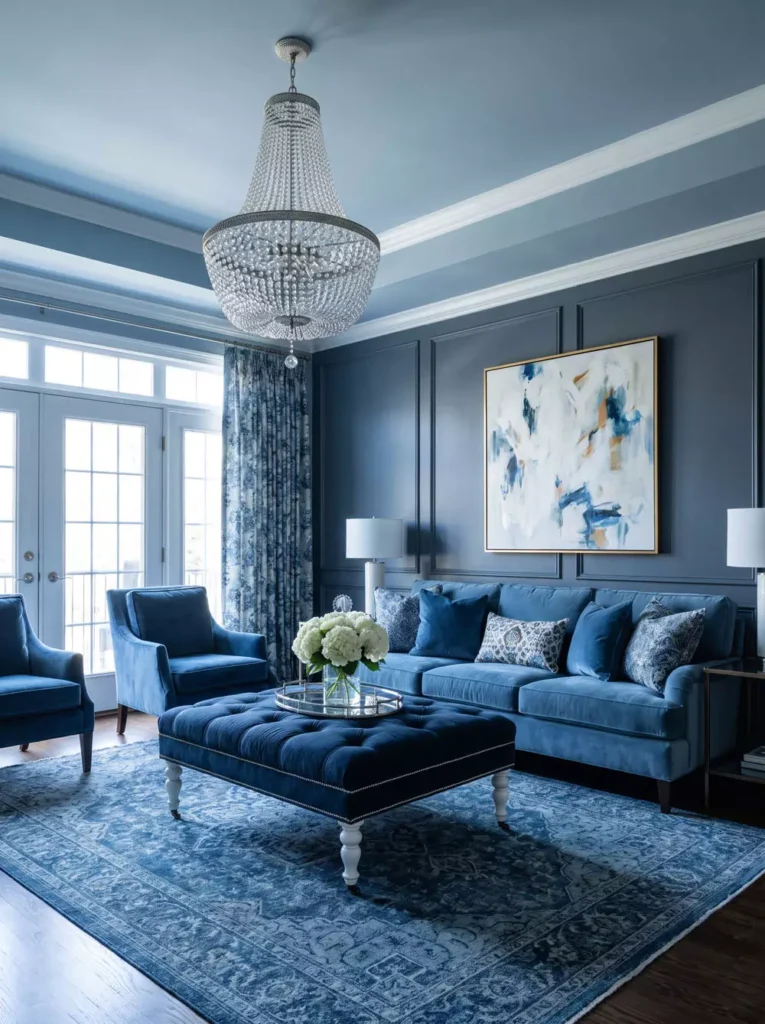 Elegant Blue Paneled Living Room With A Crystal Chandelier And Abstract Art