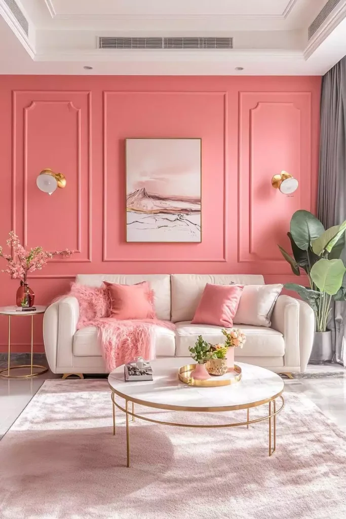 Elegant Coral Pink Wall Decor In A Living Room With Cream Sofa And Gold Accents