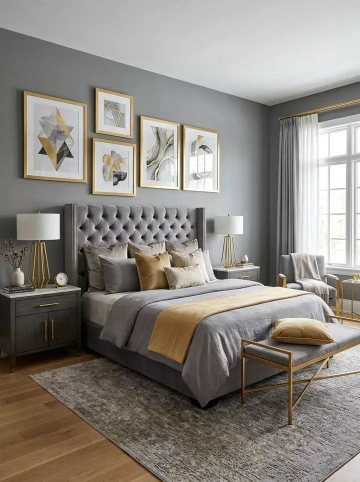 Elegant grey bedroom wall with a gold-framed art gallery above a tufted velvet headboard