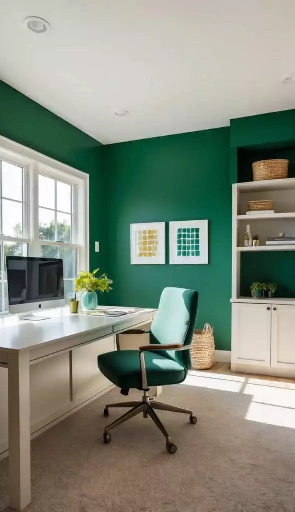 Emerald green wall office with built-in white shelving and a teal desk chair