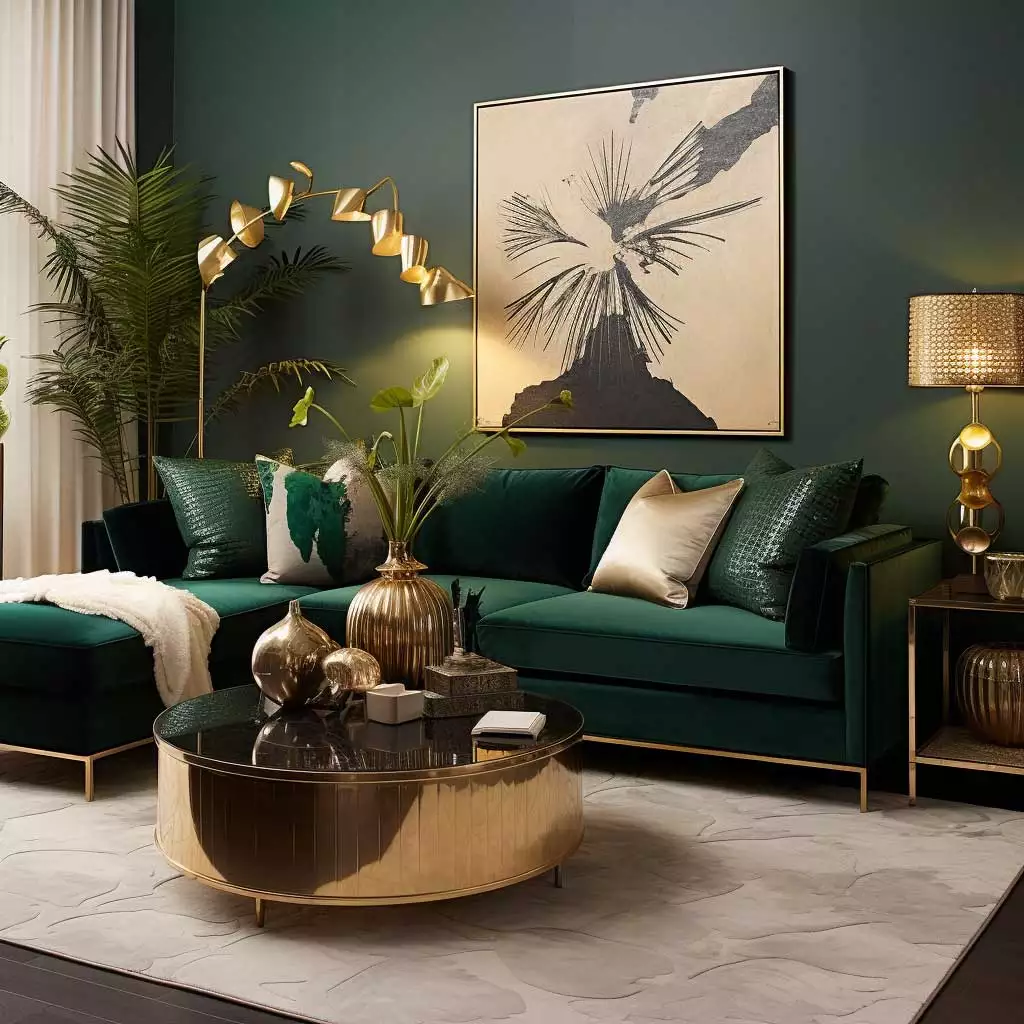 Emerald green walls with a velvet sofa, gold lamp, and bold abstract art