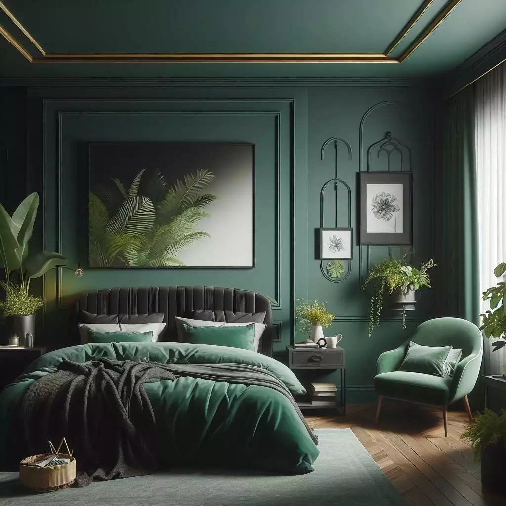 Emerald green walls with gold ceiling trim, palm art, and a velvet chair