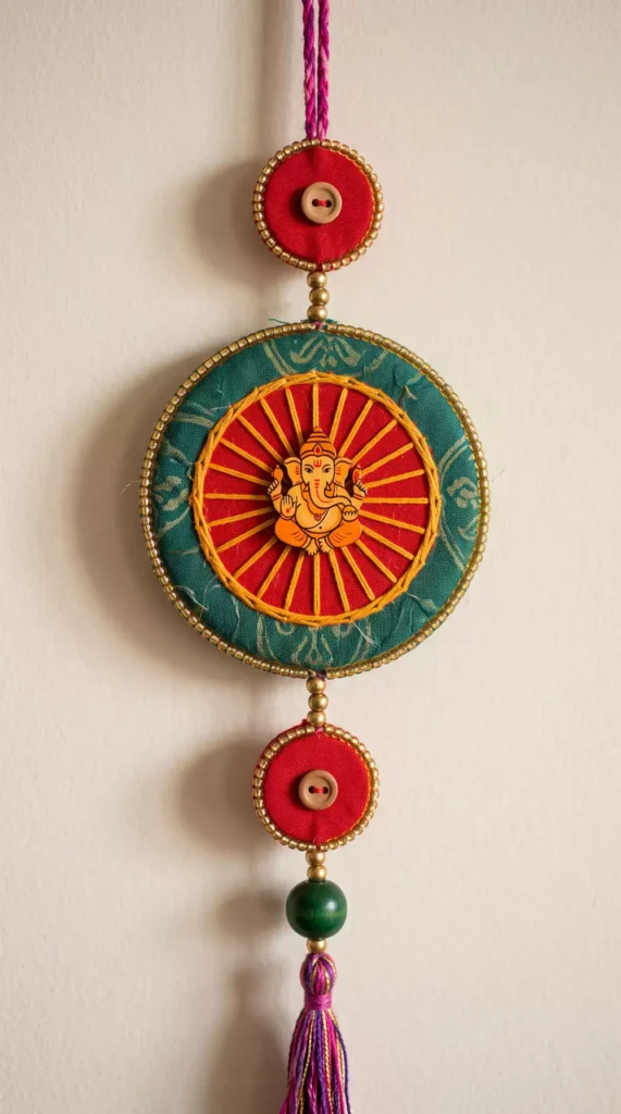 Fabric and button medallion with a Ganesha motif, handcrafted Diwali wall decor with tassels