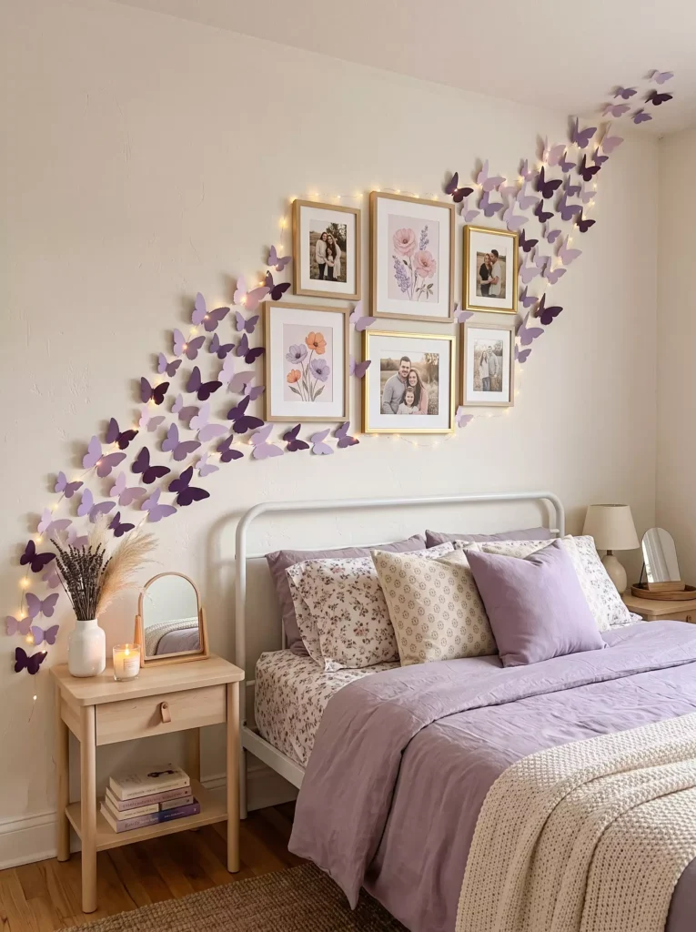 Fairy-lit lilac Butterfly Wall trail weaving through a gallery of framed photos