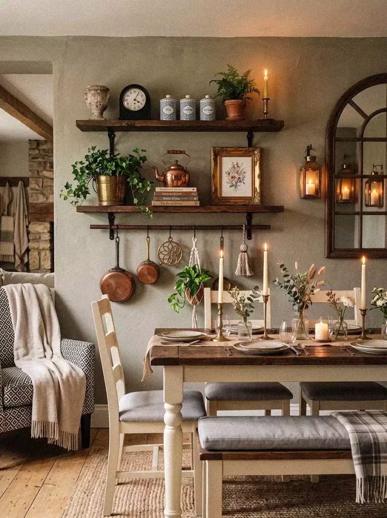 Farmhouse Dining Wall Decor with rustic floating shelves, copper pans, a gilt floral frame and an arched mirror above a cream and wood table