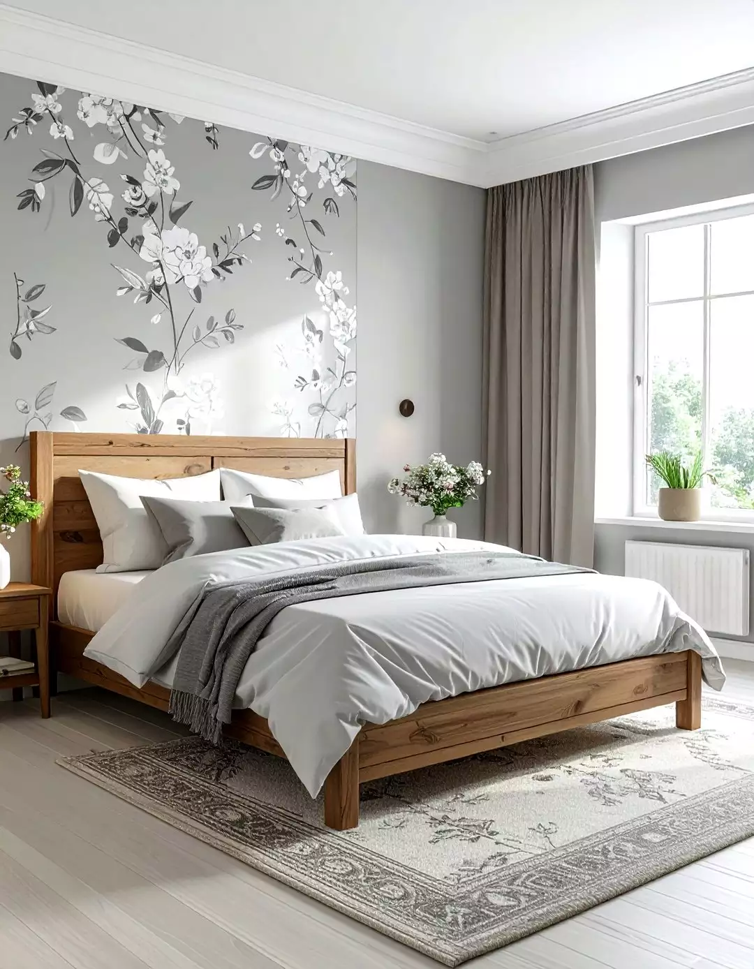 Farmhouse grey bedroom wall with a floral wallpaper accent above a wood bed frame
