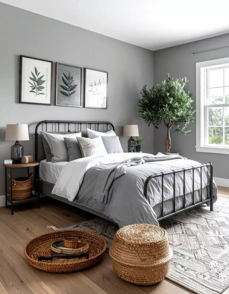 Farmhouse-style grey bedroom wall with framed botanical prints above a black iron bed