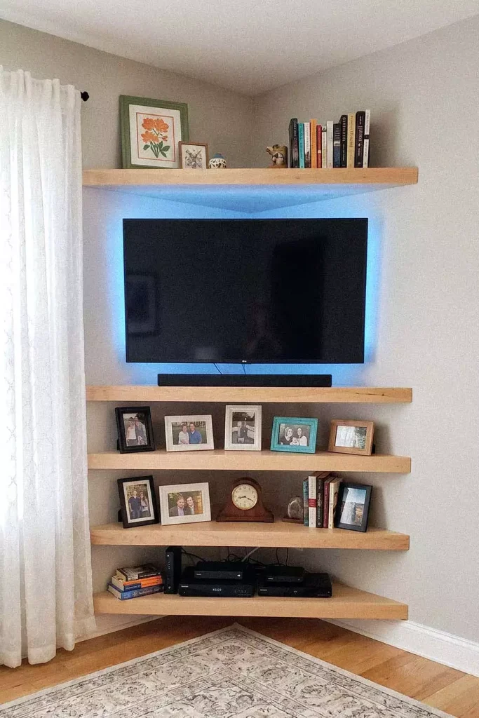 Floating Shelf Corner TV Wall Display with Framed Family Photos