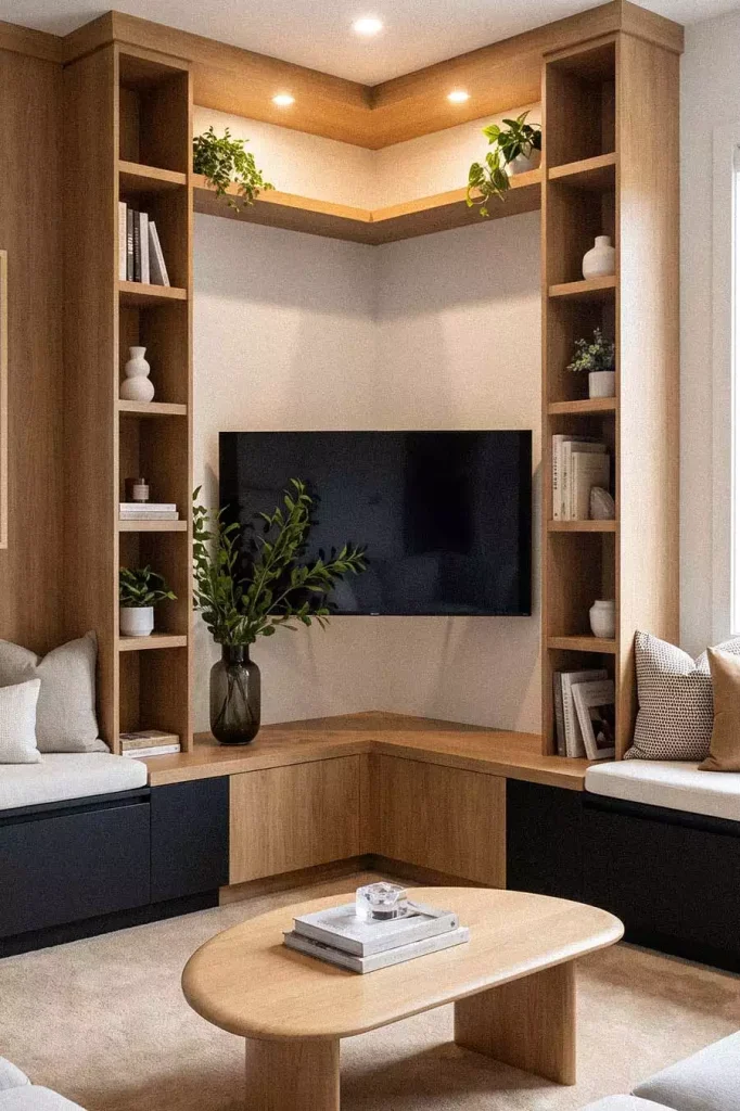 Floor to Ceiling Corner TV Wall Unit with Open Bookshelves and Trailing Plants