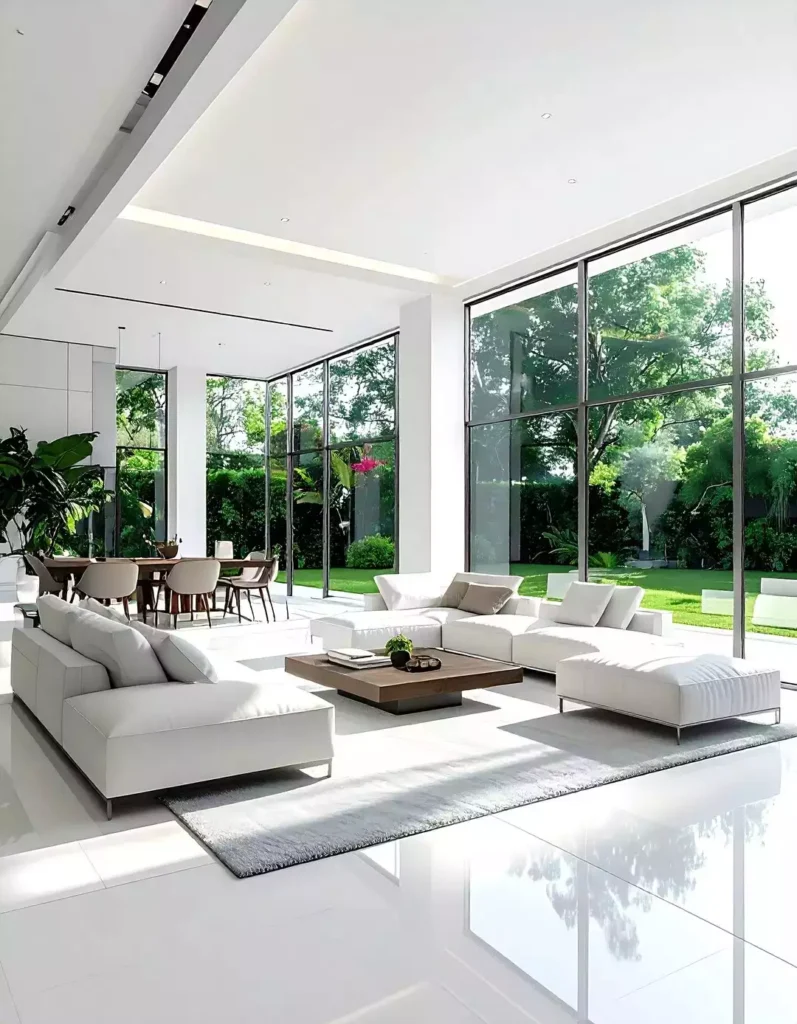 Floor-to-ceiling white walls, glass walls, white sectionals, wood coffee table