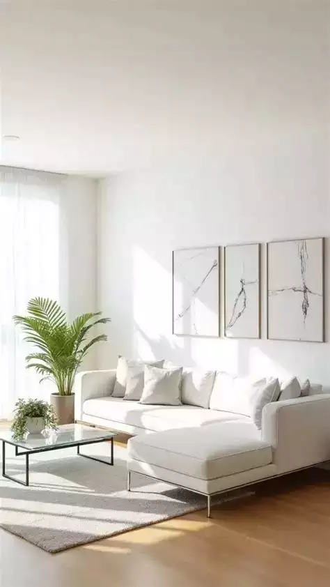 Floor-to-ceiling white walls, marble-look art trio, white sectional, palm