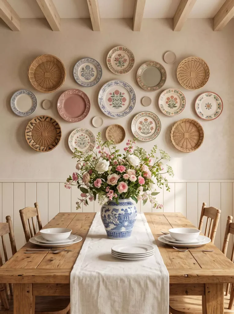 Floral plate and woven basket wall decor above a rustic dining table with flowers