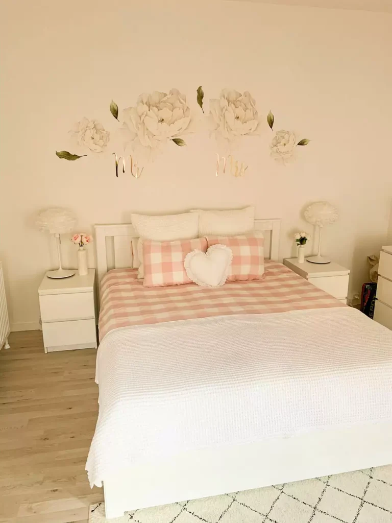 Floral wall decals spelling Mr and Mrs as romantic over the bed wall decor