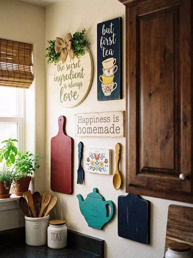 Folk Art Kitchen Wall Decor With Wooden Signs Teapot Cutout And Cutting Boards Beside A Window