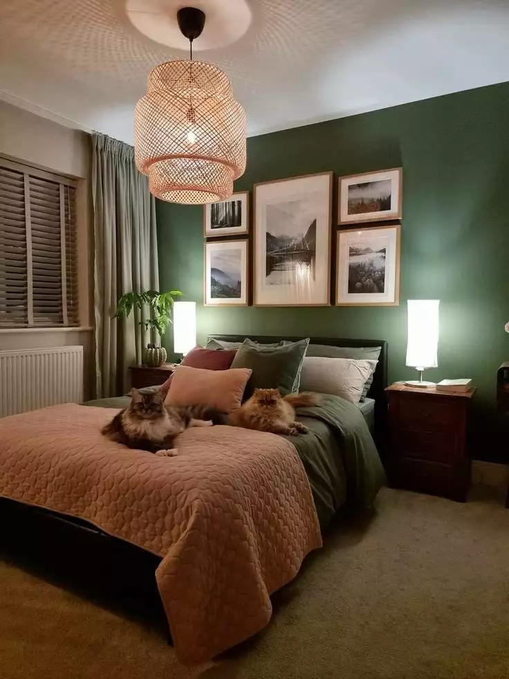 Forest green wall bedroom with landscape prints, rattan lamp, and two cats on the bed
