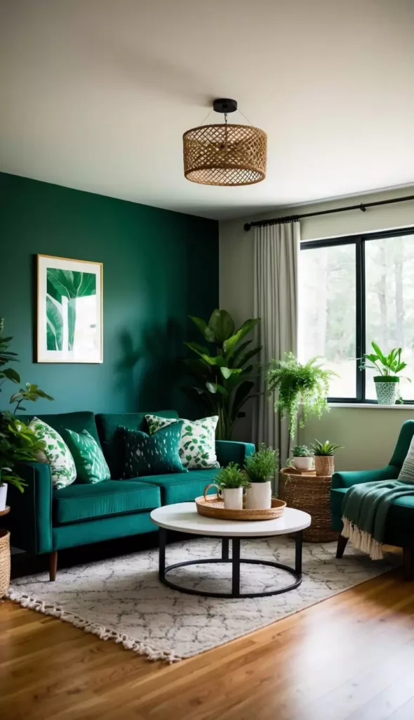 Forest green wall living room with an emerald sofa, leafy cushions, and plants