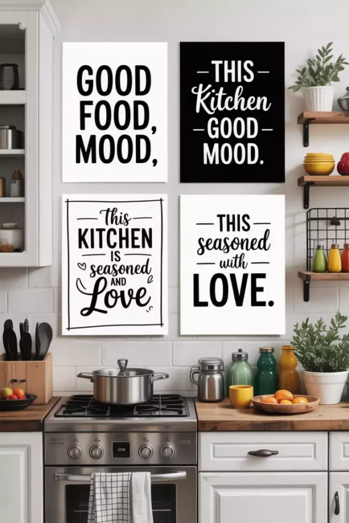 Four black and white typography prints on a kitchen wall above the stove