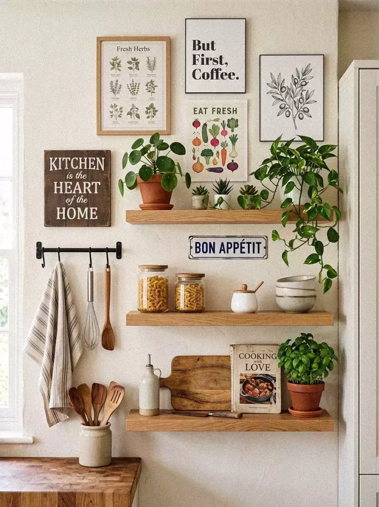 Framed Herb Prints And Wooden Floating Shelves Create Cozy Kitchen Wall Decor With Fresh Greenery