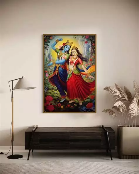 Framed Radha Krishna painting as Indian wall decor above a dark wood media console