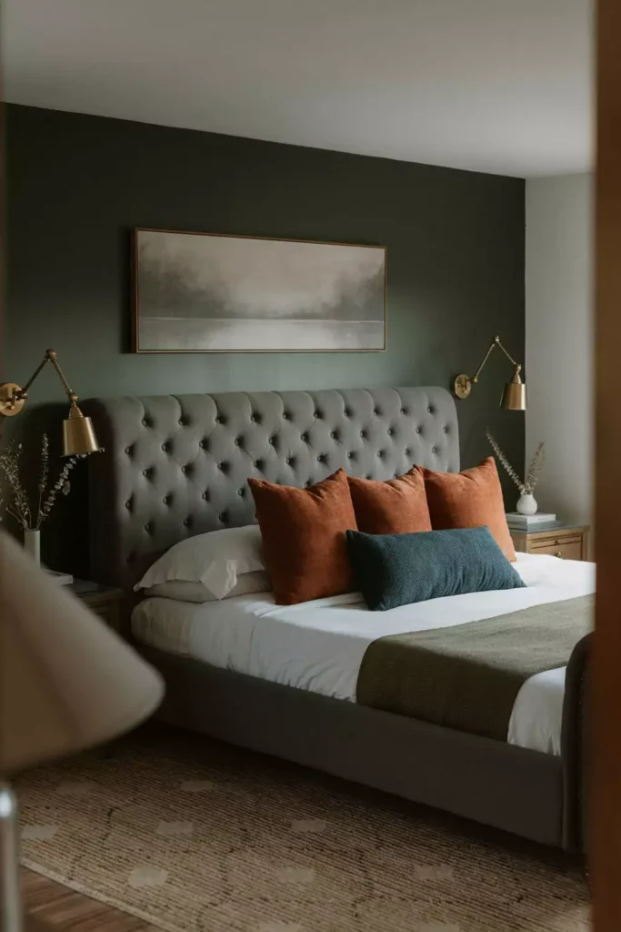 Framed landscape print as understated over the bed wall decor on a deep green wall