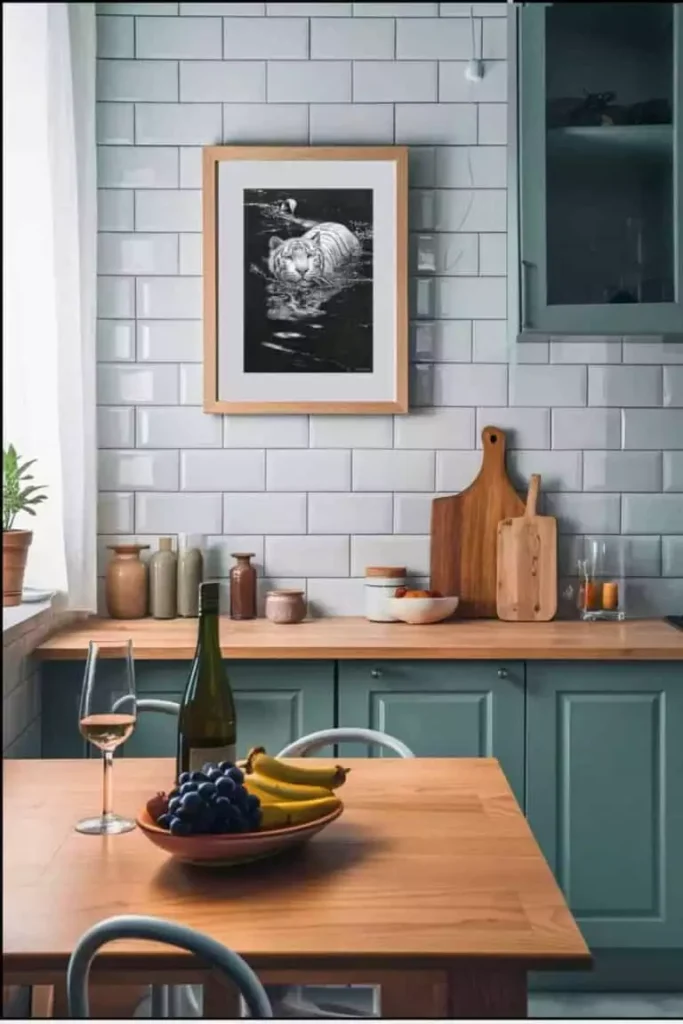 Framed tiger print on white subway tile on a sage green kitchen wall