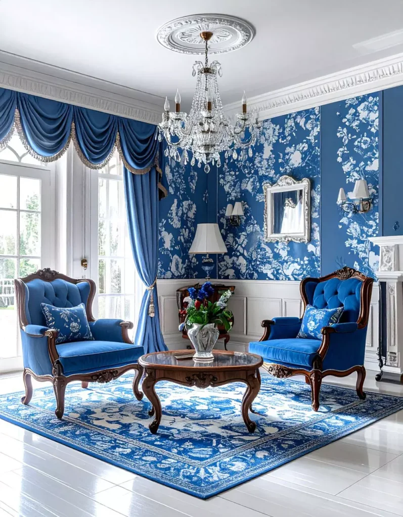 French Country Living Room With Blue Floral Wallpaper And A Crystal Chandelier