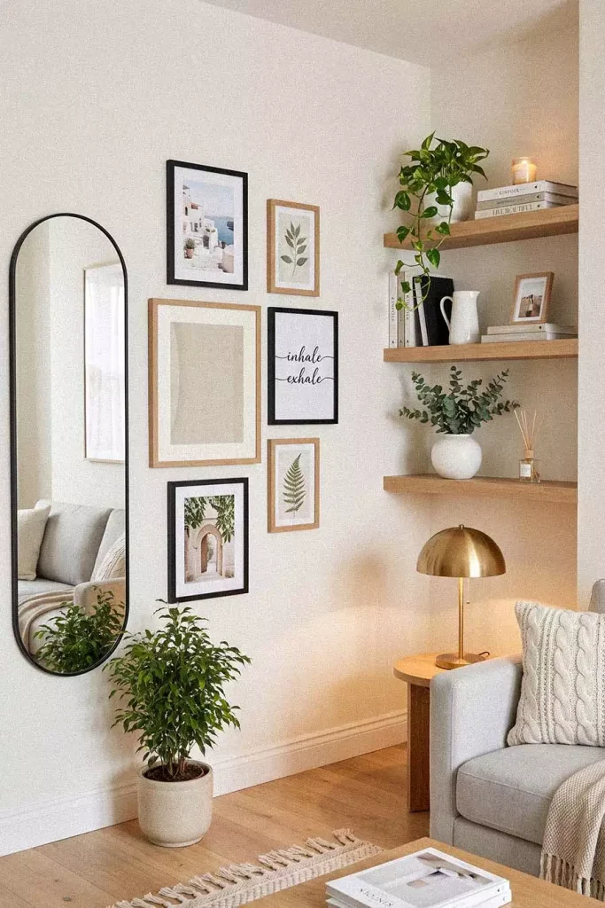 Gallery Mirror Wall Corner Decor With Floating Shelves In Living Room