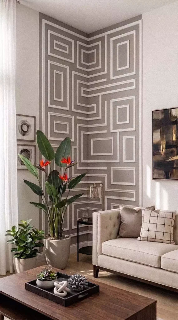 Geometric Line Pattern Wall Corner Decor Painted Behind Potted Plant