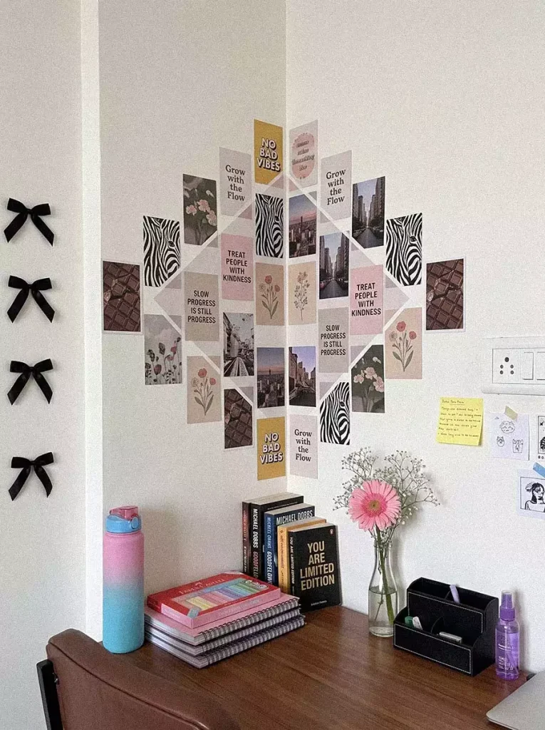 Geometric Photo Collage Wall Corner Decor Above Desk With Bow Accents