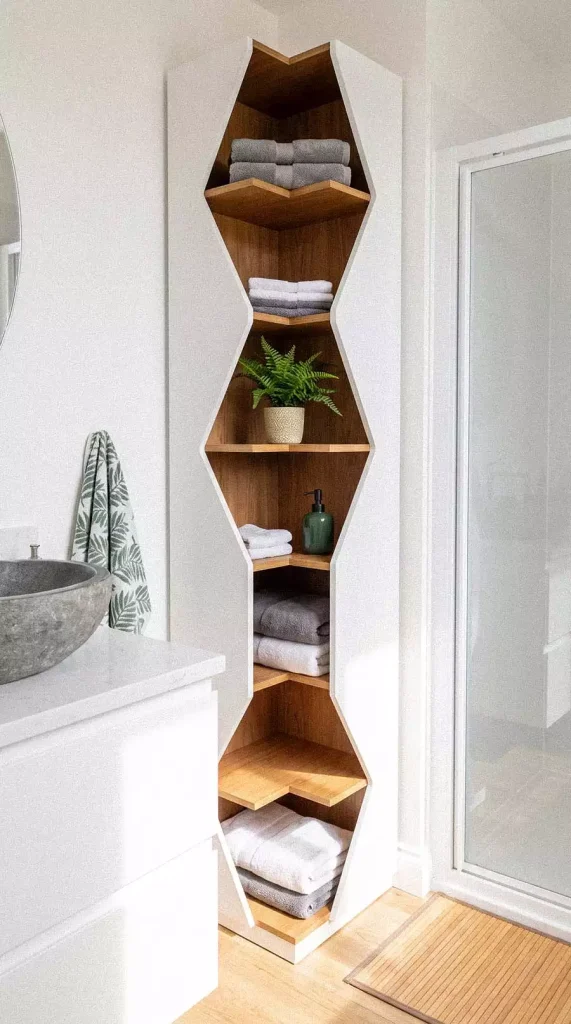 Geometric Wall Shelf Decor Built Into A Modern Bathroom Corner