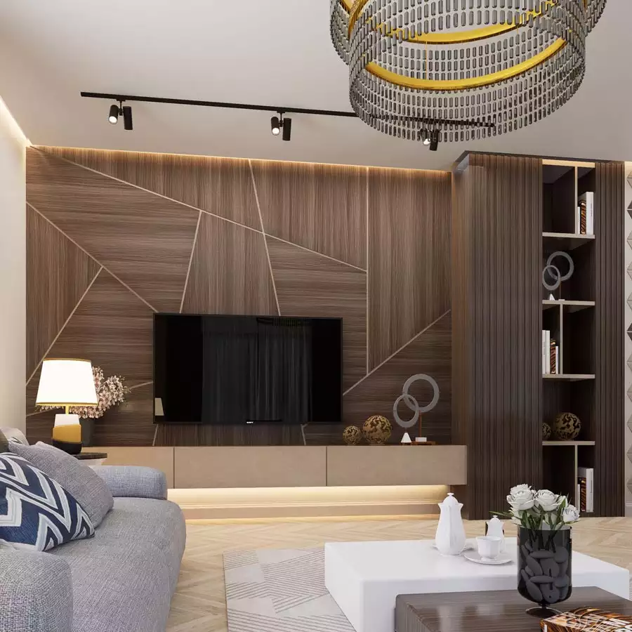 Geometric Wood Paneled TV Wall Beneath A Statement Ring Chandelier