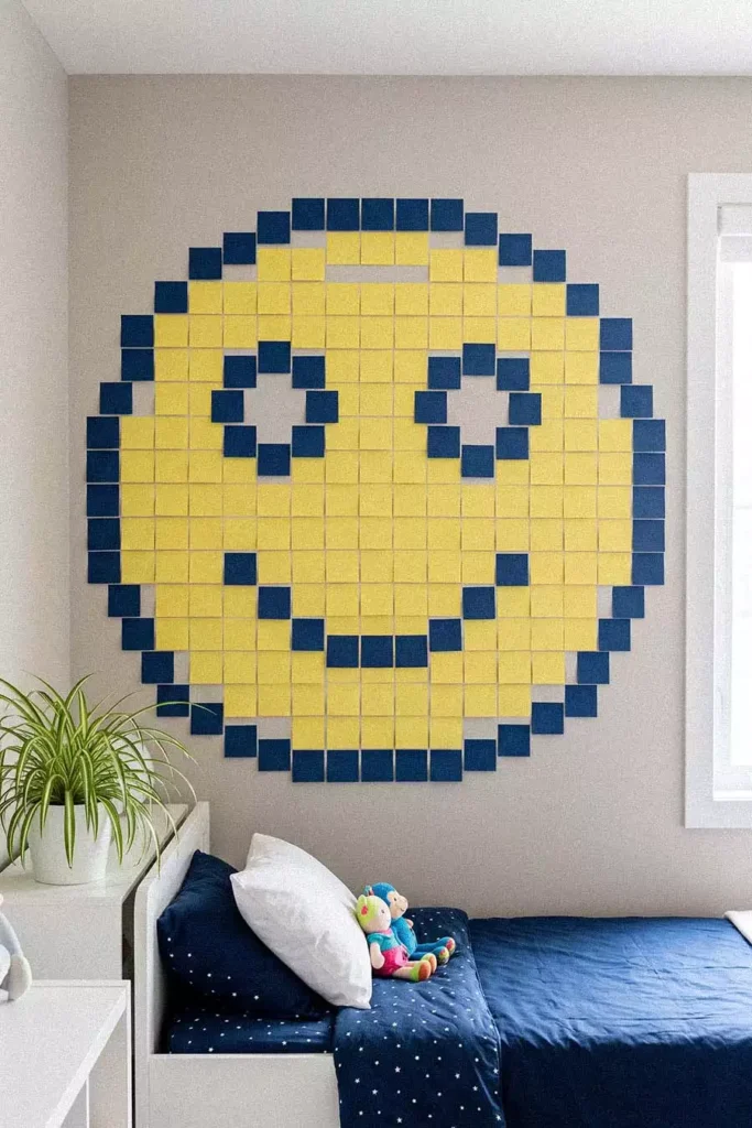 Giant Smiley Face Sticky Notes Wall in Yellow and Navy Blue Above a Bed with Star Print Bedding Plush Toys and a Spider Plant