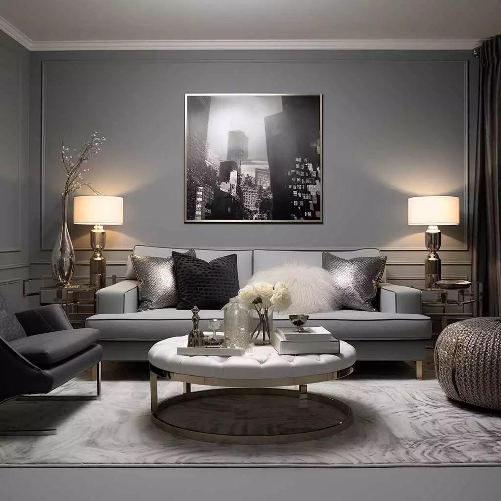 Glamorous grey living room decor idea with metallic accents and black and white cityscape art